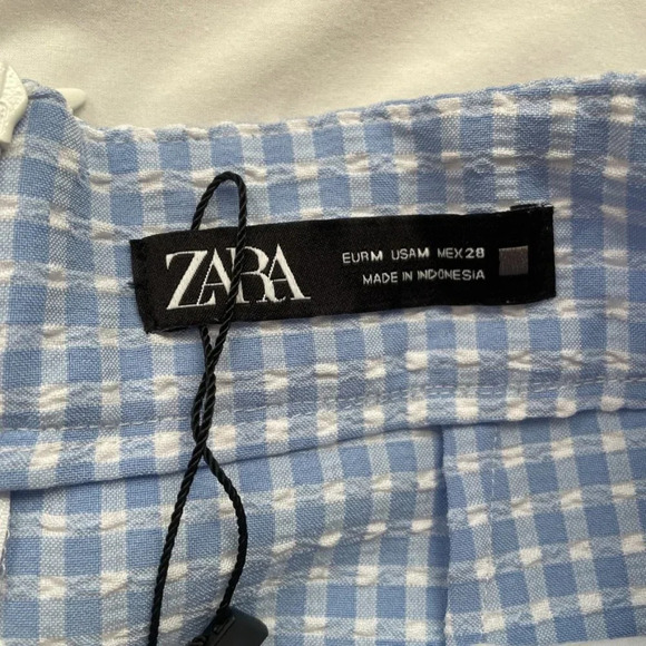 Zara Textured Gingham Split Skirt Blue White Size Medium - Picture 8 of 9